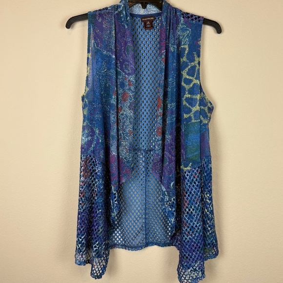 Multiples Blue w/ Multicolored Accents Mesh-Like Open Front Asymmetrical Vest - Picture 1 of 10